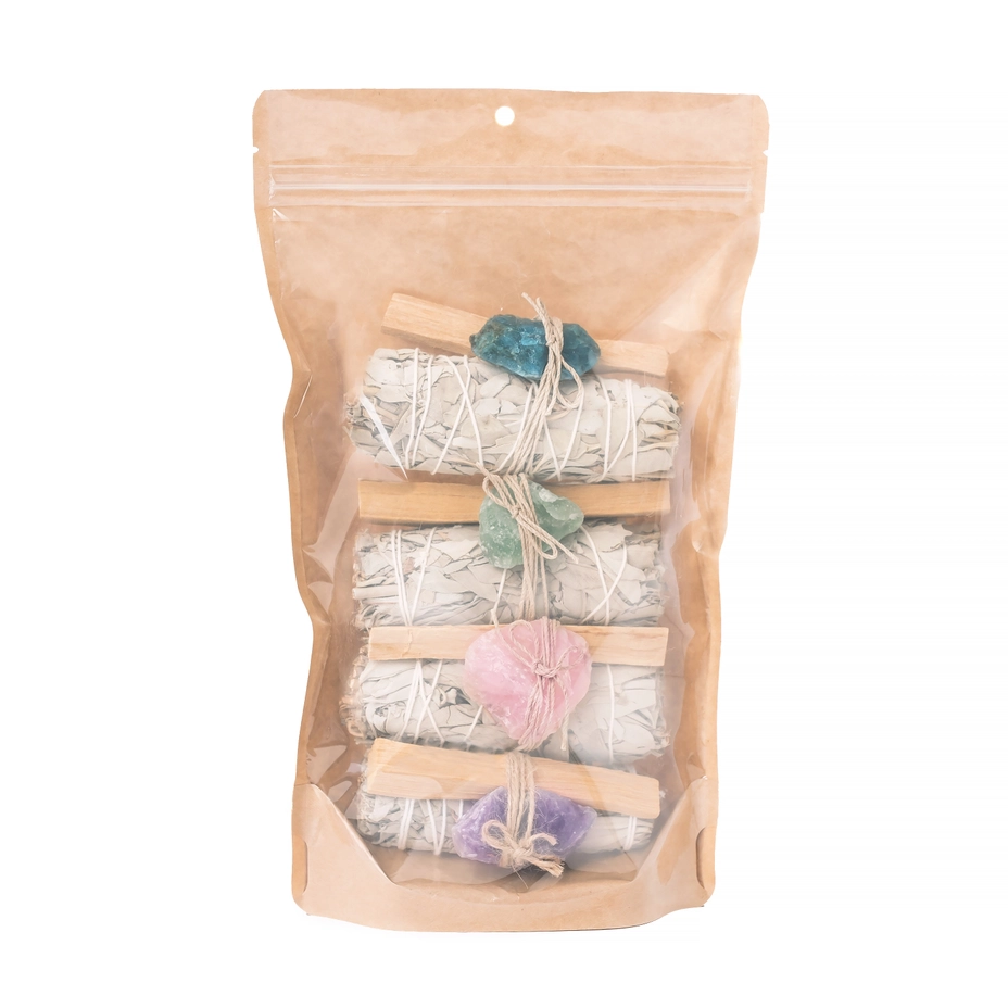 [bdl-sage-crys-ps] Sage, Rough Crystals, and Palo Santo 4 Pack Bundle in Bag