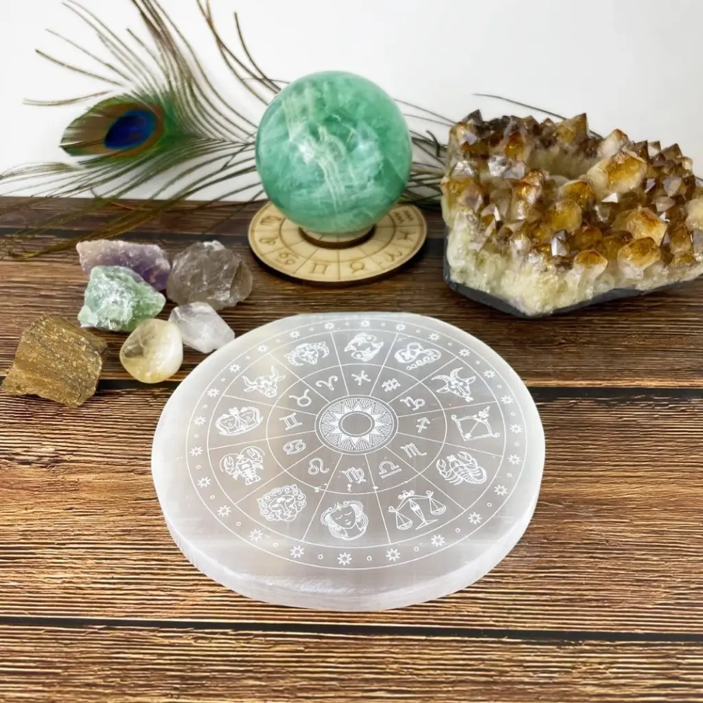 Crystal Selenite Charging Plate with Engraved Zodiac Signs