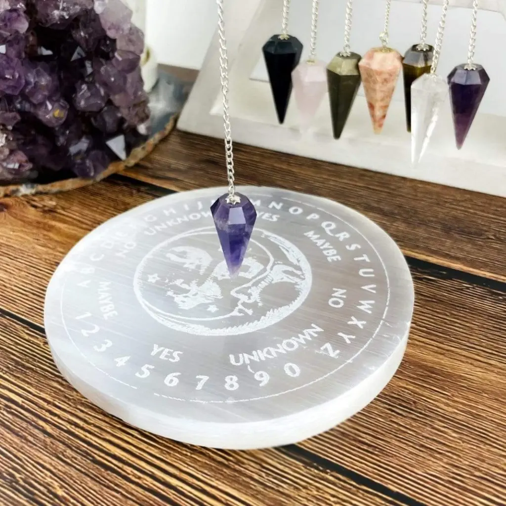 [cp-14cm-etched] Crystal Selenite Etched Charging Plate Engraved  14cm