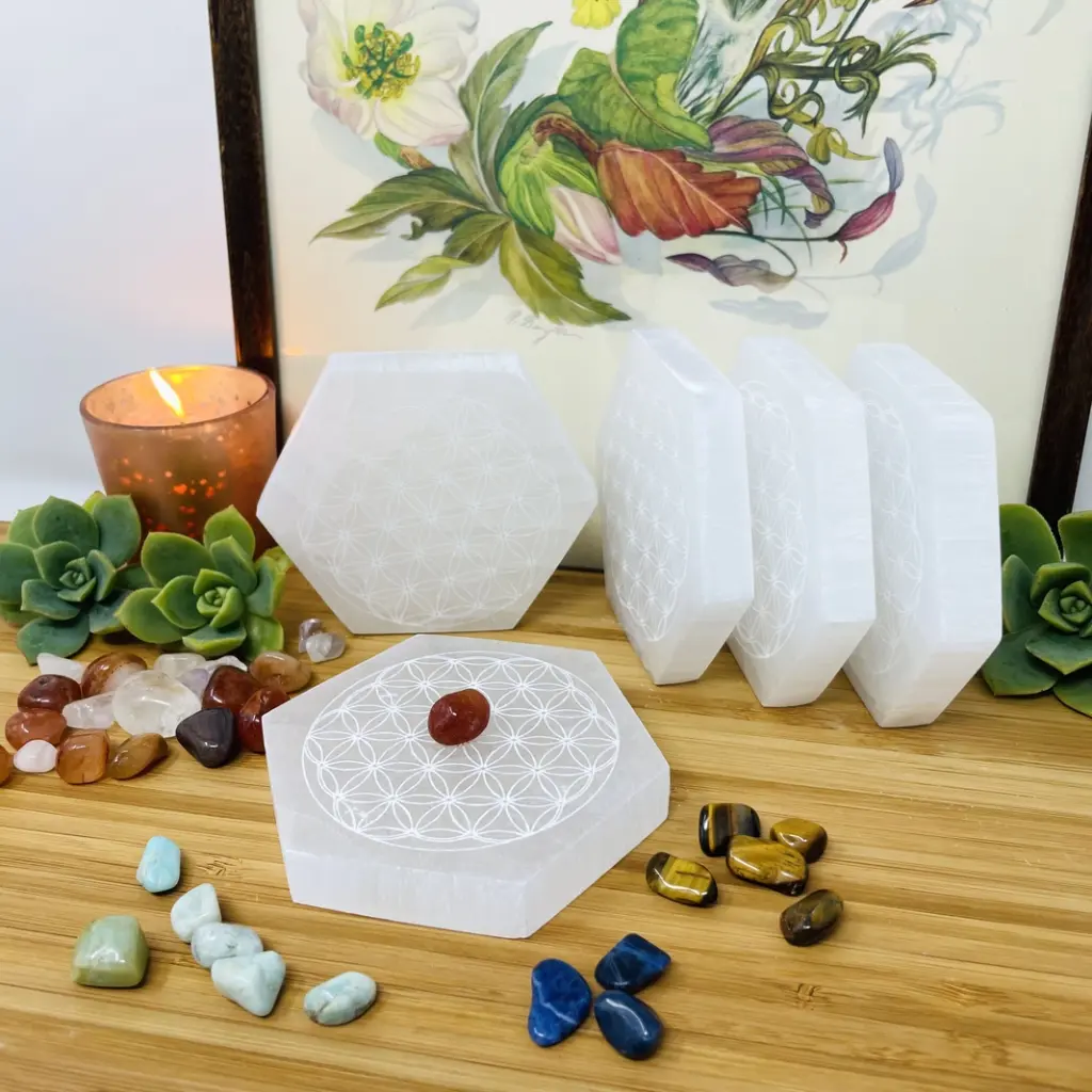 [cp-hex-chakra] Crystal Selenite Hexagon Charging Plate with Chakra Symbols