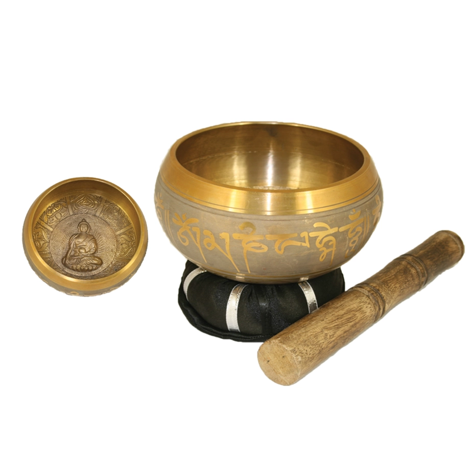 [sb-buddha-gold] Tibetan Singing Bowl w/ Cushion & Stick - Gold Buddha